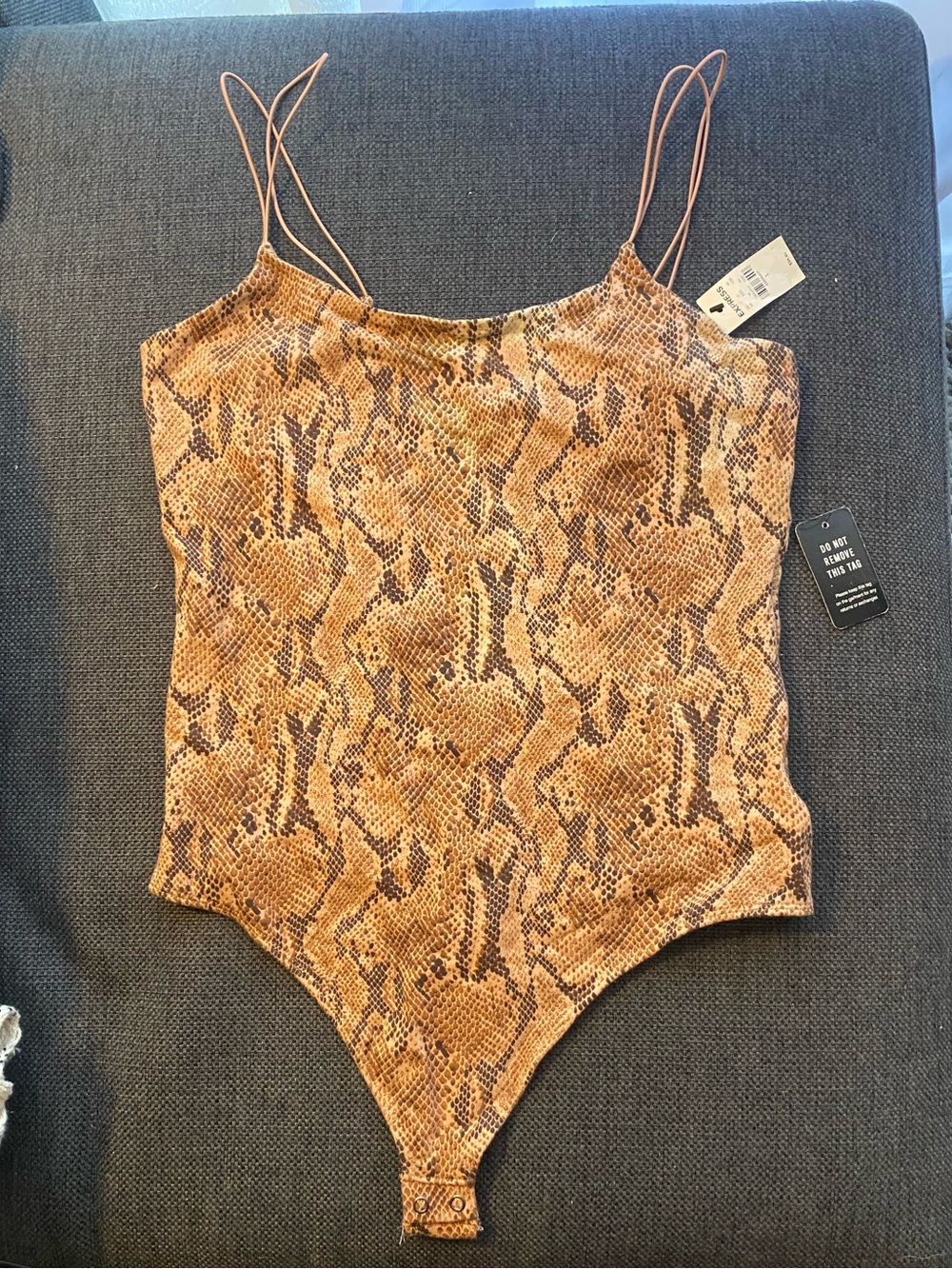 NWT Express Strappy Open Back Snake Print Cami Bodysuit Brown and Black Large